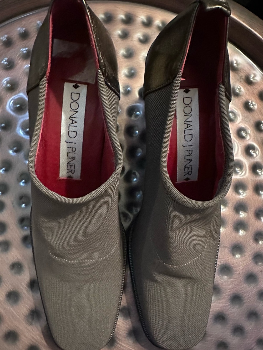 Donald J. Pliner Women’s Gray/Brown Crepe & Leather Heel Loafers with Red Lining